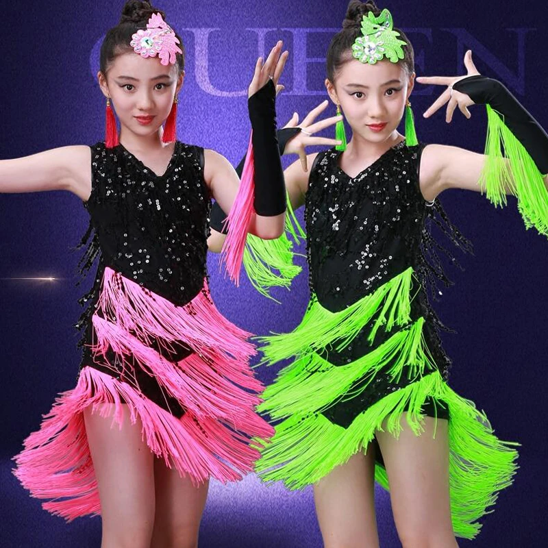 

Sequined Tassel Latin Dance Dress Girls Children Salsa Ballroom Dancing Dress Competition Costumes Kids Stage wear Dance Outfits