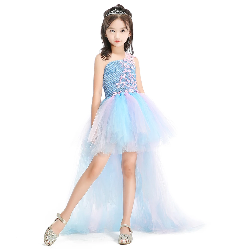 Pink and Blue Butterfly Bow Rhinestone Baby Girls Dresses with Train Tulle Lace Straps Children Tutu for Party | Детская одежда и