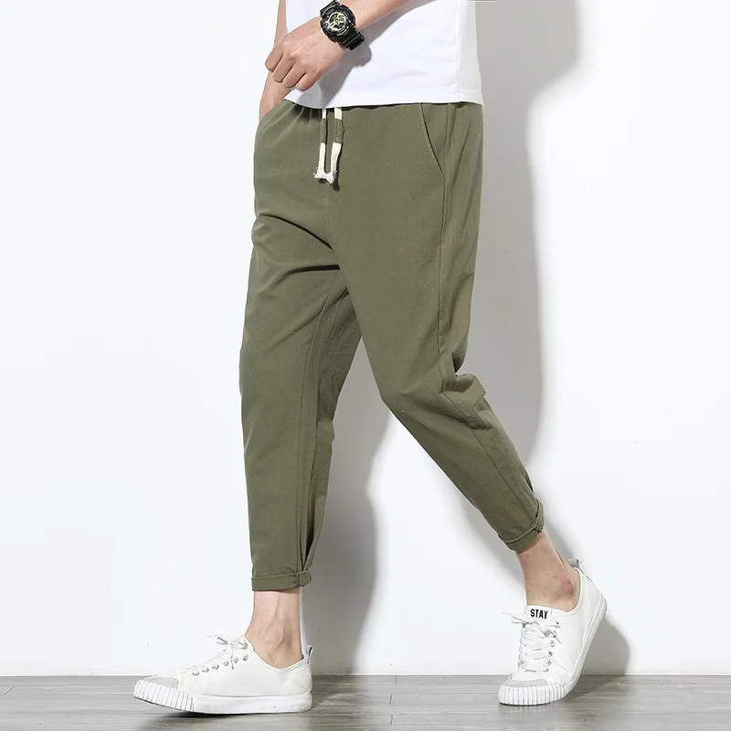 

Teens Cotton Linen Men's Harem Pants Solid Casual Ankle-Length Mens Trousers Summer Streetwear Clothes Male Harajuku