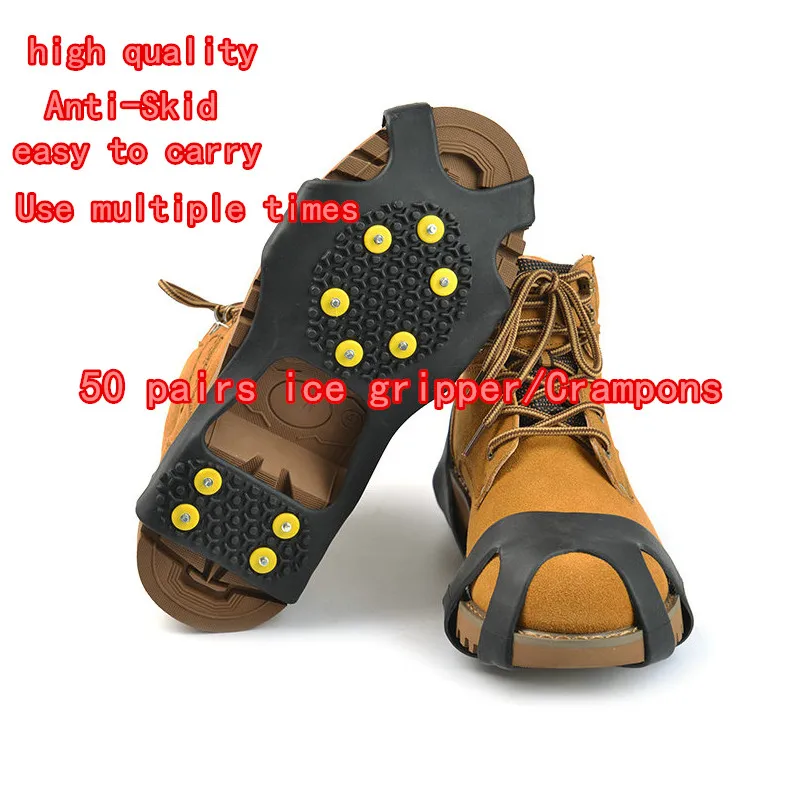 

50pair 10 Studs Safety Anti-Skid Snow Ice Climbing Shoe Spikes Grips Crampons Cleats Overshoes S M L XL XXL express free ship