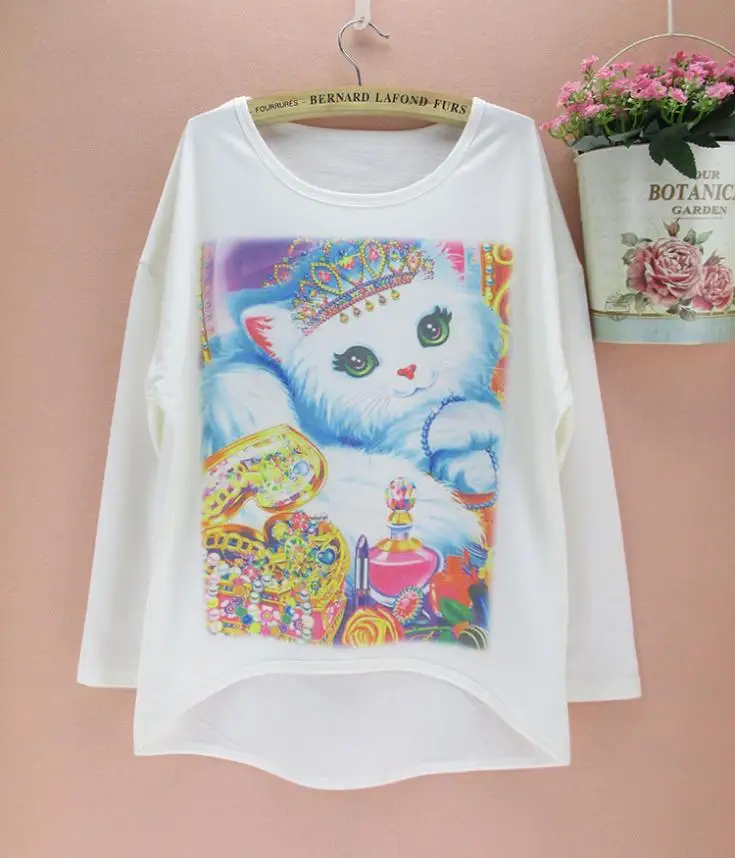 Футболка женская с длинным рукавом и принтом кота батальных размеров|clothing