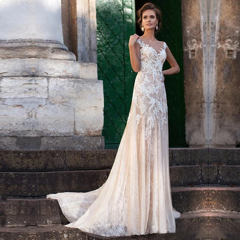 

Champagne Elegant Scoop Neckline A-line Tulle Wedding Dress With Cap Sleeve Lace Appliques Backless Boho Beach Bridal Gowns
