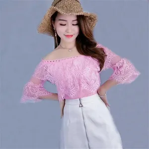 2018 Летняя женская ажурная сетчатая рубашка, милая кружевная блузка с цветочным принтом, женские блузы с коротким рукавом и вырезом лодочкой, Короткие блузы, топы AB978