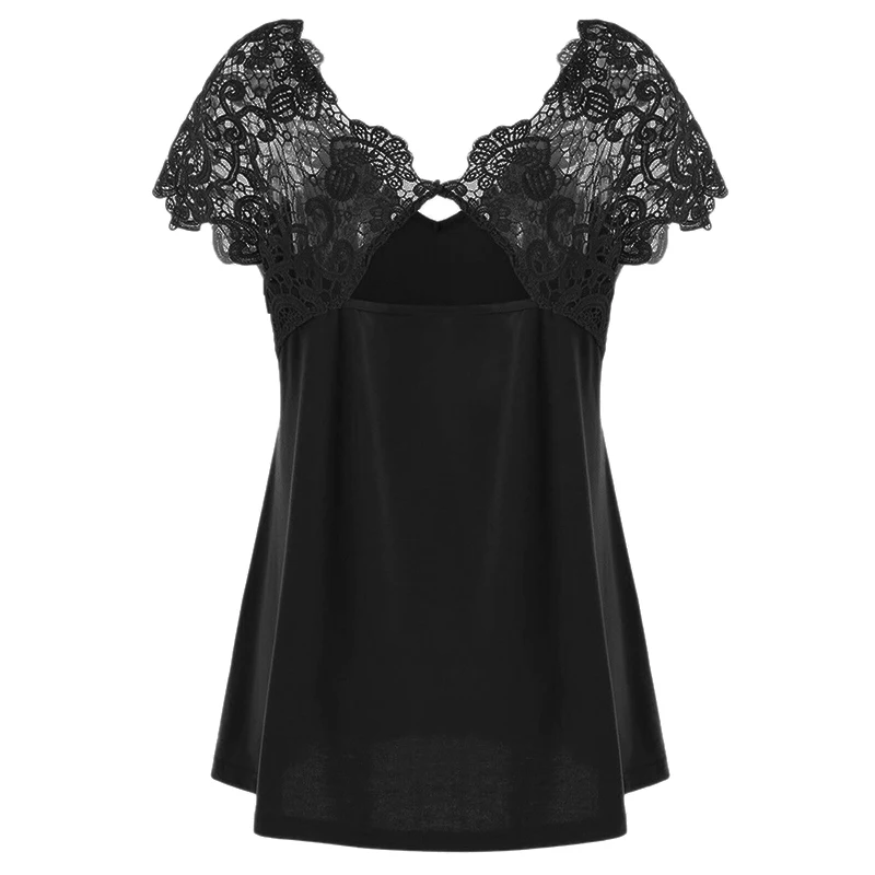 

Women Casual Loose Blouse Shirt Oversized Lace Patchwork Tops Women's Clothes Summer Short Sleeve Blouse Baggy Shirt Solid Color
