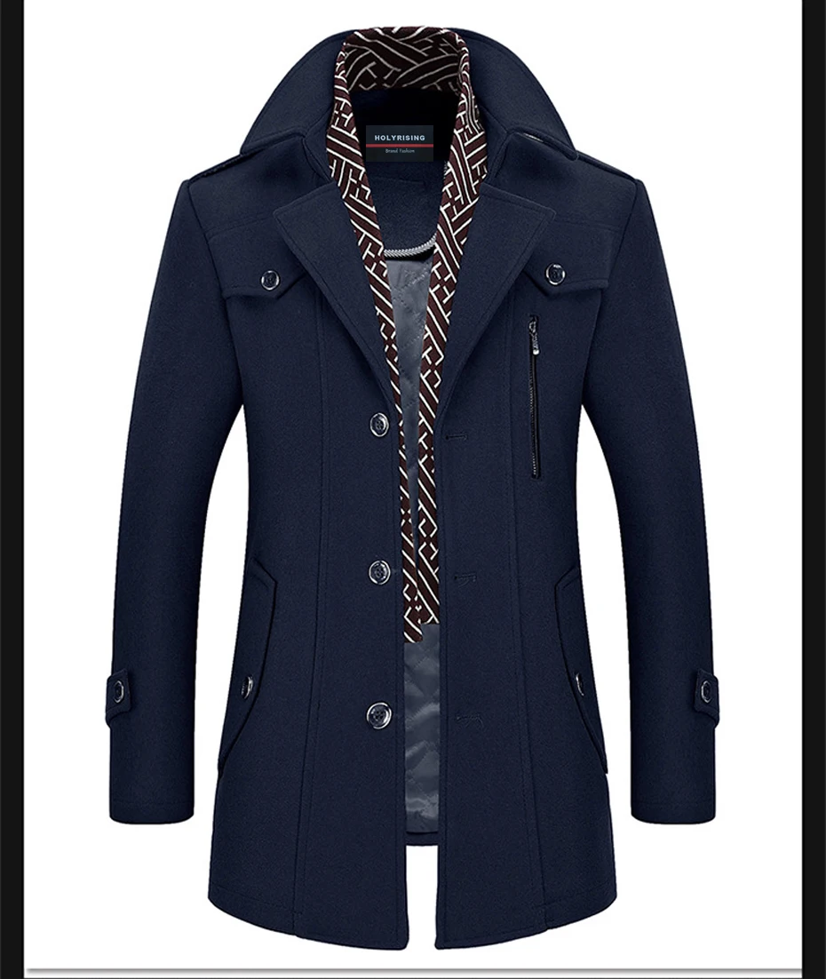 Holyrising Men Coat Wool Overcoat Turn Collar Warm Jackets Woolen Men Coats And Blends With Scarf Breathable Outwear 18423-5