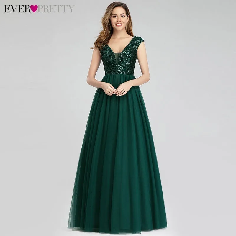

V-Neck Sequined Formal Dress Ever Pretty EP00983 A Line Long Green Evening Dresses Robe De Soiree Elegant Abendkleider Prom Gown