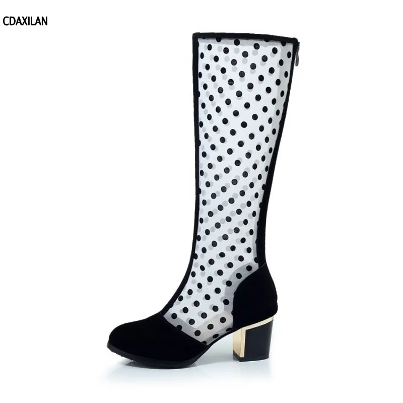 

CDAXILAN new arrivals boots women breathable mesh cloths knee-high boot square heel round toe fashion girls ladies casual shoes