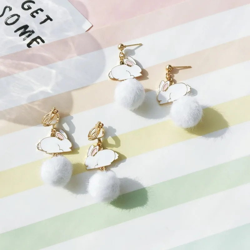 Brincos Para As Mulheres Qiu Dong Earrings Japan And South Korea Girl Sweet Ins Cute Animals Rabbit Hair Bulb Stud | Украшения и