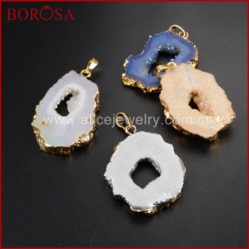 

BOROSA Wholesale Fashion Drusy Pendant Beads for Necklace, Gold color Freeform Mix Color Titanium Crystal Druzy Pendant G1189
