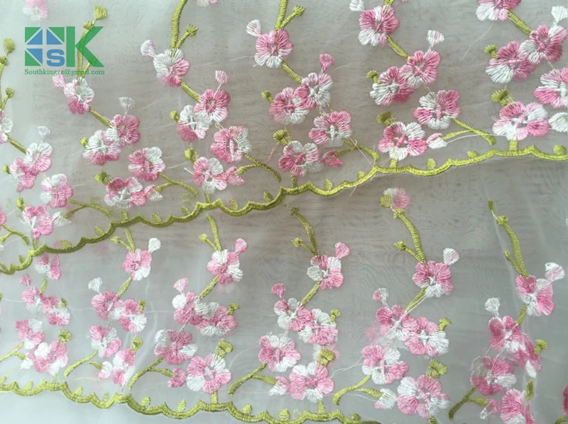 Оптовая Двусторонней симметрии органза Кружева вышивки ткани Пузырь Юбка ручной