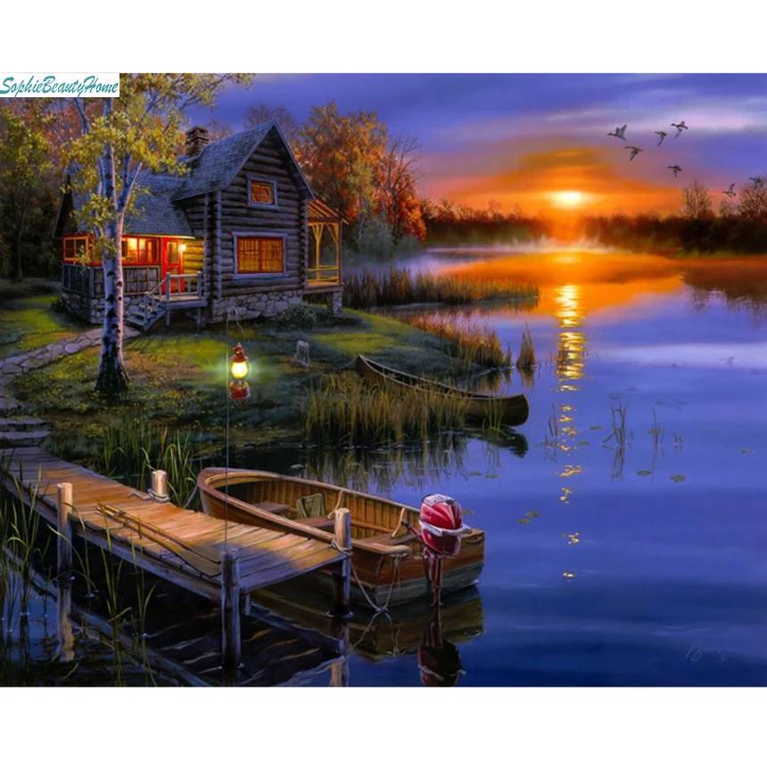 

Sophie Beauty Home 5d DIY Oil Painting Diamond Cross Stitch 3D Diamond Embroidery Kit Sunset Home Landscape Picture Mosaic Home