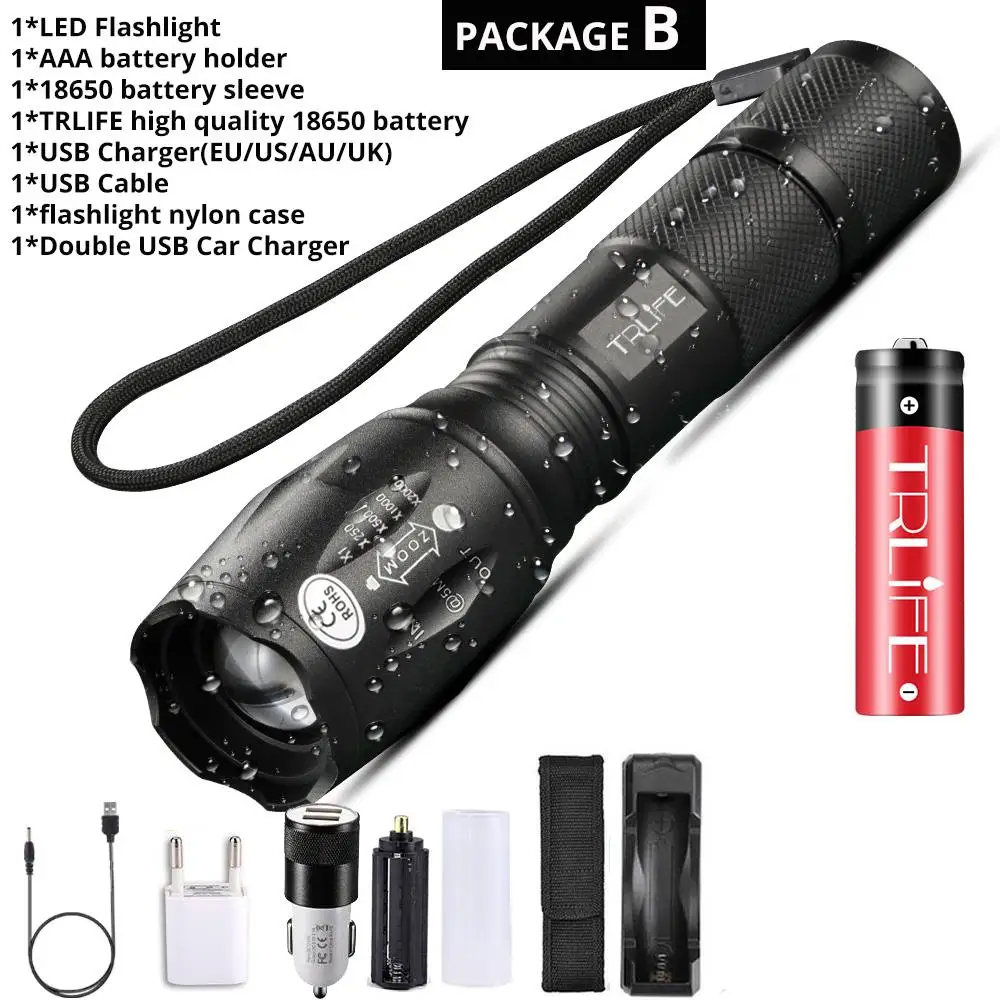 Package B Светодиодный светильник-вспышка, самый мощный фонарь T6/L2/V6, походный светильник, 5 режимов переключения, водонепроницаемый, масштабируемый, велосипедный светильник с батареей 18650 - Испускаемый цвет: Package B