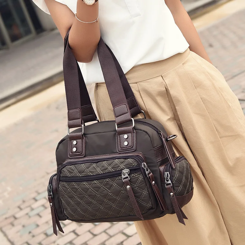 

Fashion Vintage Diamond Lattice Multi-pockets Women Shoulder Bag High Quality Waterproof Light Nylon Casual Tote Travel Handbag
