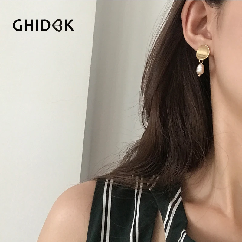 GHIDBK Gold Color Freshwater Pearls Dangle Earrings for Women Minimalist Metal Coin Disc Simple Statement 2018 | Украшения и