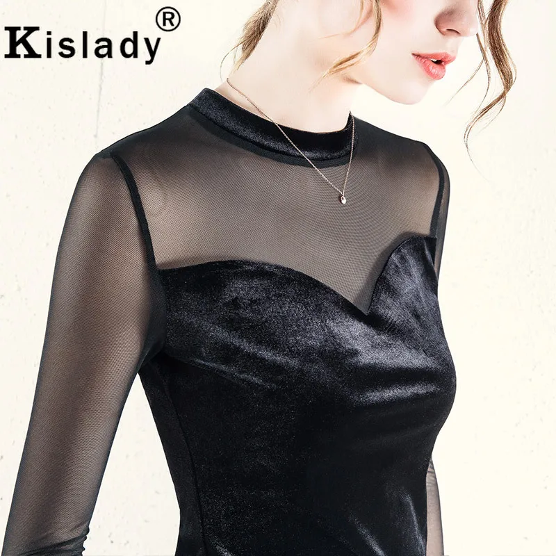 Kisaldy новые женские сетчатые Лоскутные рубашки с круглым вырезом облегающие