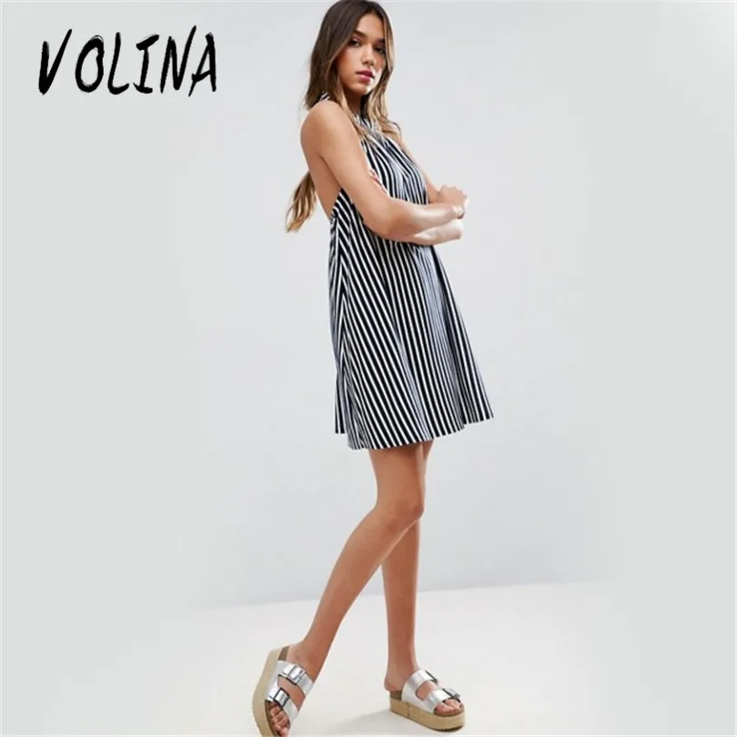 Volina 2017 casual dress striped для женщин платья без рукавов холтер мода с плеча vestidos
