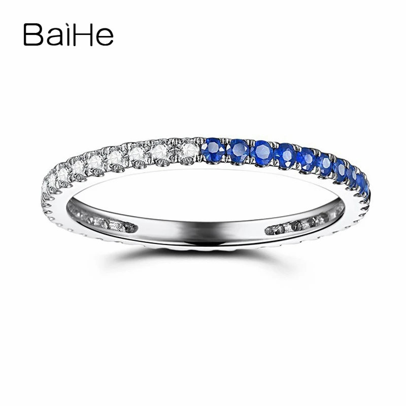 

BAIHE Full Eternal Women Solid 14k White Gold 0.41ct Natural Diamonds Sapphires Party Wedding Band Anniversary Sapphire Ring