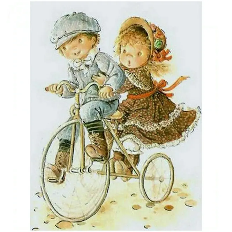 5d diamond painting bicycle little boy girl cartoon sticker full square drill mosaic 3d round embroidery gift | Дом и сад