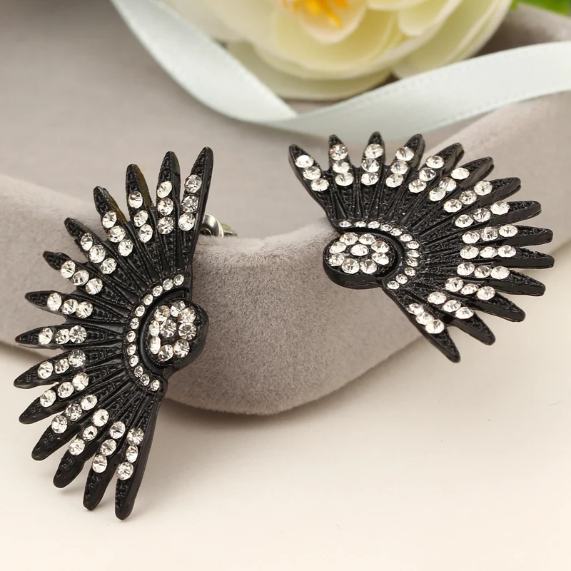 luxury statement crystal earrings black alloy fan-shaped full rhinestone jewelry | Украшения и аксессуары