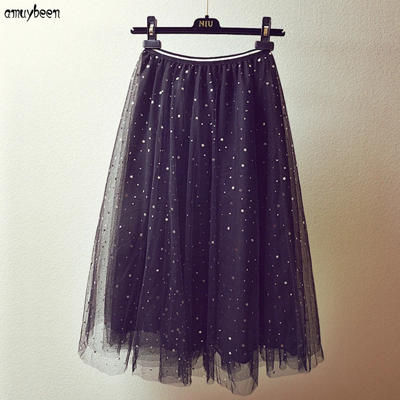 Skirts Mesh Sequin Skirt Women 2018 Stars Winter Tutu Party Tulle Festa Mori Black High Waist Harajuku Pleated Midi | Женская одежда