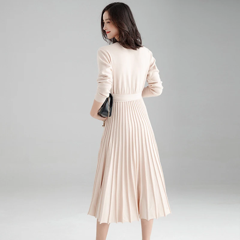 2018 New Winter Black Pink Sweater Dress Women's Fashion Long Sleeve V-Neck Casual Midi Pleated Knitted Vestido De Festa | Женская