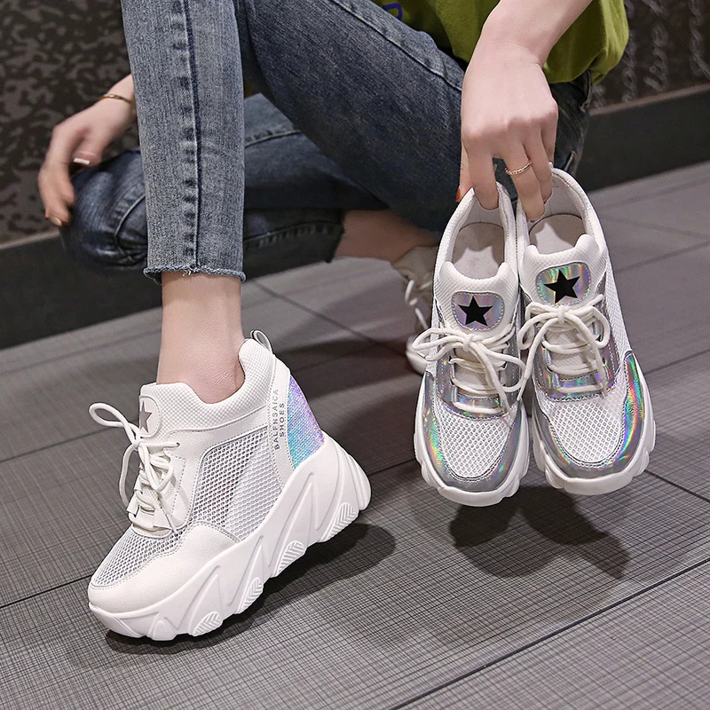 2019 Женские сетчатая повседневная обувь дышащая платформа клин каблуки 10 см