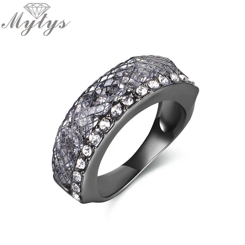 Женское кольцо Mytys черное Сетчатое с кристаллами модный дизайн R1872|crystal rings for
