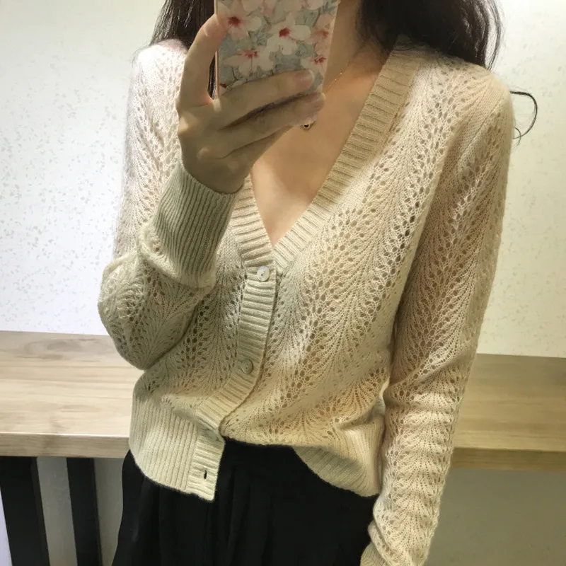 New Cardigan Women's Openwork Loose Knitwear Air Conditioning Sunscreen Shirt Small Thin Jacket Wool Sweater |