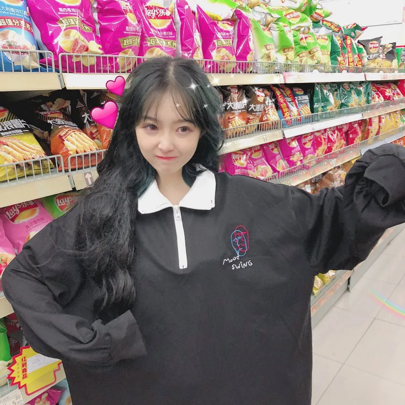 Autumn Women's Clothing Korea Sweet harajuku Embroidery loose Hoodies Zipper Turtleneck long sleeve New ulzzang Sweatshirts | Женская