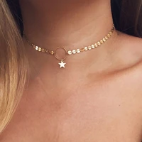 korean delicate round copper sequins star choker necklace women geometric chocker collar clavicle necklaces jewelry gift yn490