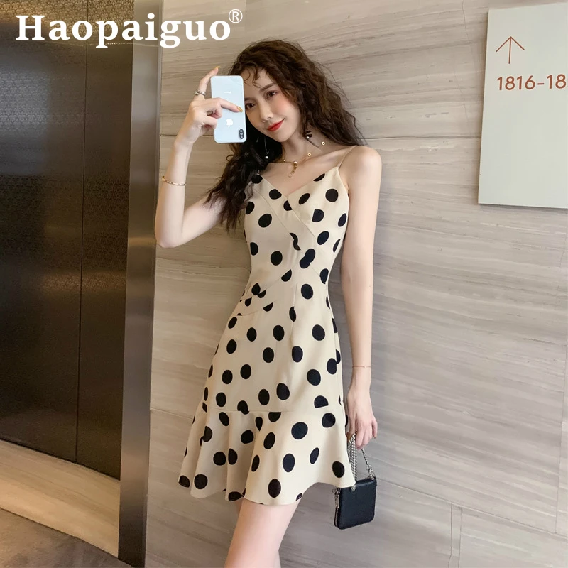 

Spaghetti Strap V-neck Print Polka Dot Dress Women Sleeveless Backless Ruffles Sexy Club Dress Women Korean Style Summer Dress