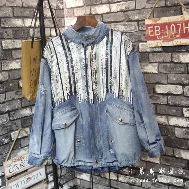 

BringBring 2017 Spring Fashion Bling Sequins Denim Jacket Women Hole Loose Casual Jackets Streetwear 1747