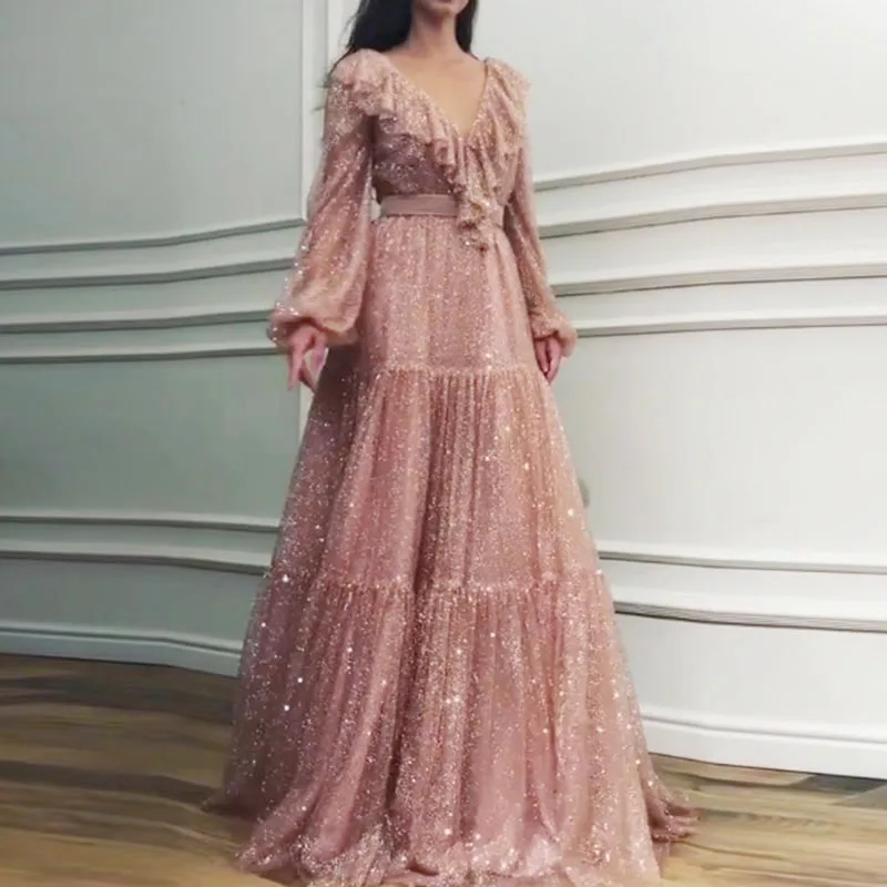 Женская мода v-образным вырезом гофрированное платье с рукавами-колокольчиками