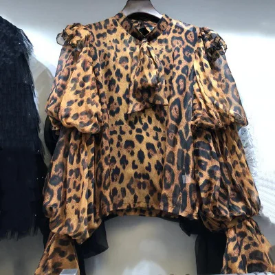 Leopard Роскошная дизайнерская брендовая шифоновая рубашка для женщин, сексуальная перспективная шифоновая блузка с длинным рукавом и бантом, черная леопардовая блузка - Цвет: Leopard