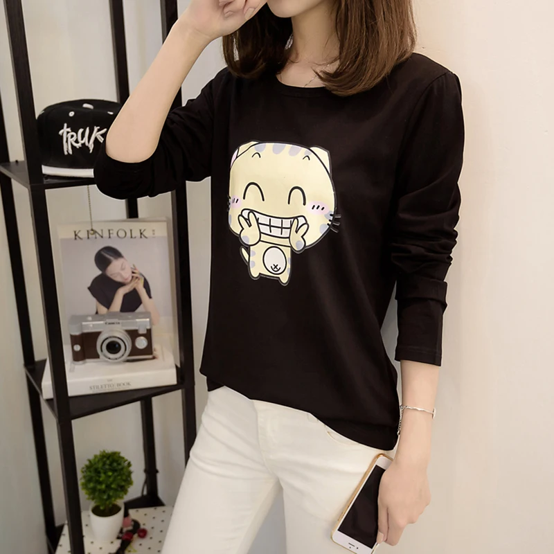 Remeras Mujer 2018 Autumn Funny Tee Shirts Women Cotton Tshirts O-Neck Cartoon Cat Womens Long Sleeve Top Tshirt Korean Clothes | Женская