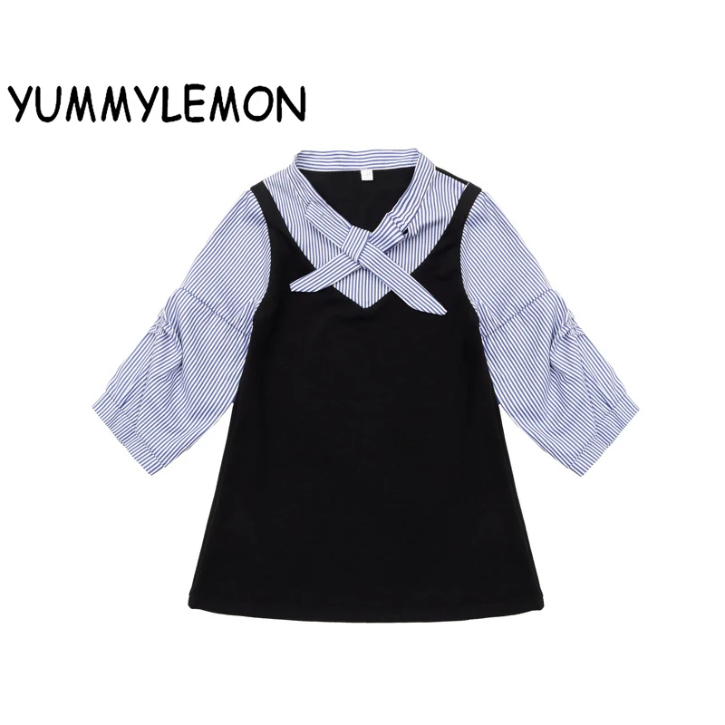 Yummylemon Stripe Girl Dress Knee-length Casual Bow A-line Three Quarter Plaid Batwing Sleeve Asymmetrical Princess | Детская одежда и