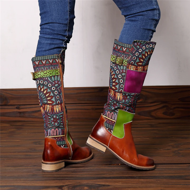 Buono Scarpe кожаные сапоги в стиле пэчворк богемные до колена на плоской подошве с