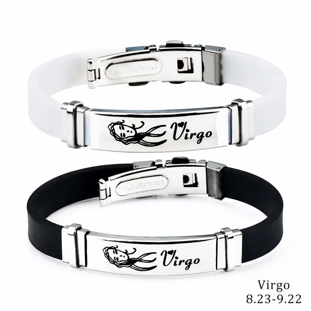 Virgo 2 шт./компл. пара 12 созвездий силиконовый браслет Модные украшения Нержавеющая сталь Повседневное зодиака резиновый браслет Для мужчин Для женщин - Окраска металла: Virgo