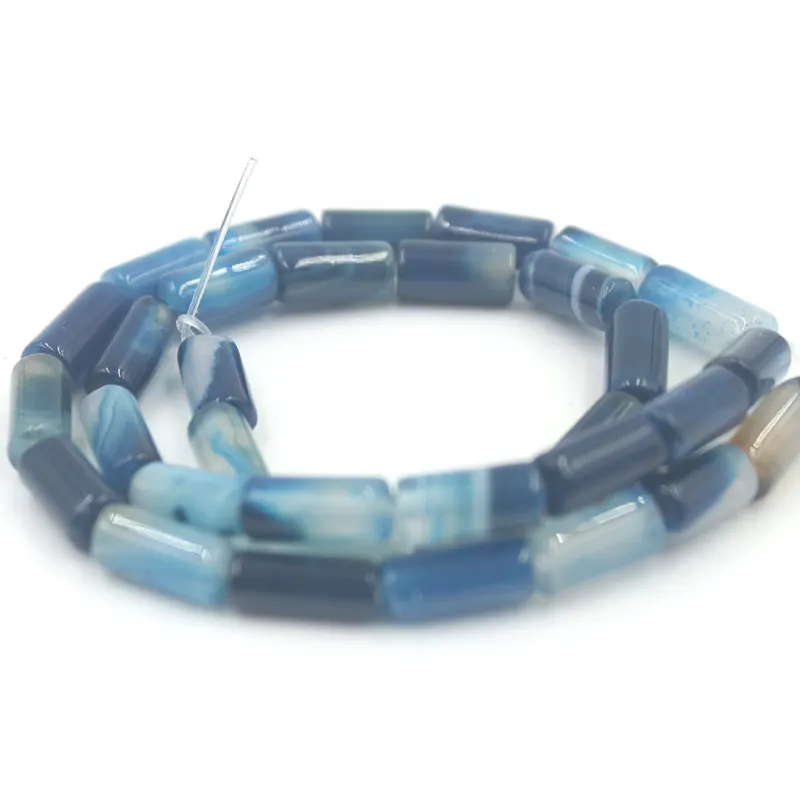 6 Blue Stripe Agate 6x12 мм трубчатая колонна для изготовления ювелирных изделий, подлинные драгоценные камни, камень, Полоска, агат оникс, свободные бусины, нить 15" - Цвет: 6 Blue Stripe Agate