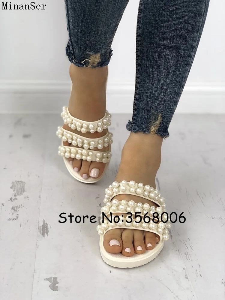 Pearl Embellished Open Toe Summer Women Slippers Beading Decoration Strap Lady Flats Slides Outside Beach Shoes | Обувь