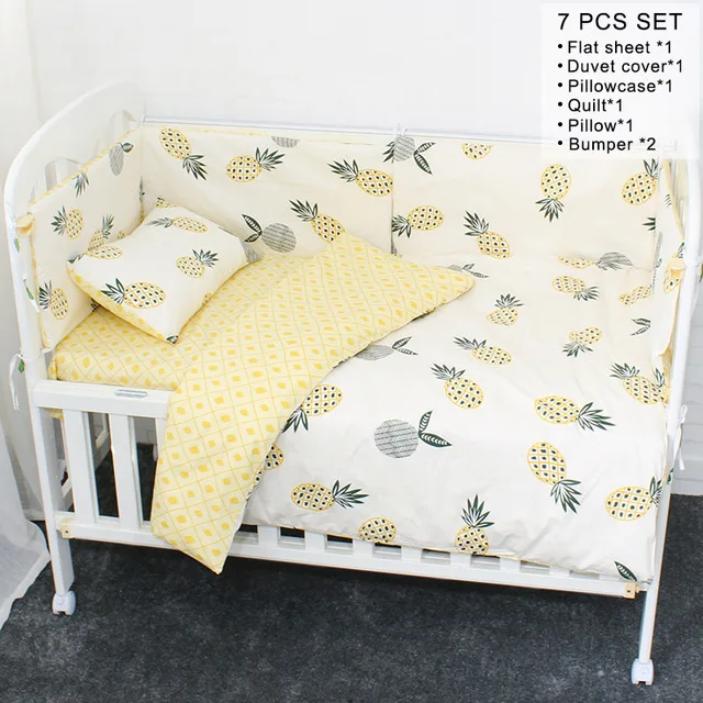 Pineapple 7 pcs set Детский комплект постельного белья с рисунком фламинго, комплект для детской кроватки, включая детскую кроватку, бампер, плоский лист, наволочка, пододеяльник, детская кровать, подвесная сумка для девочек - Цвет: Pineapple 7 pcs set
