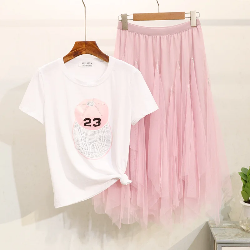 Cotton T-shirt Women Tops Summer New Beading Print T shirt Mesh Skirt Set O-Neck Short sleeve Tee Shirt Femme Suit Outfits | Женская