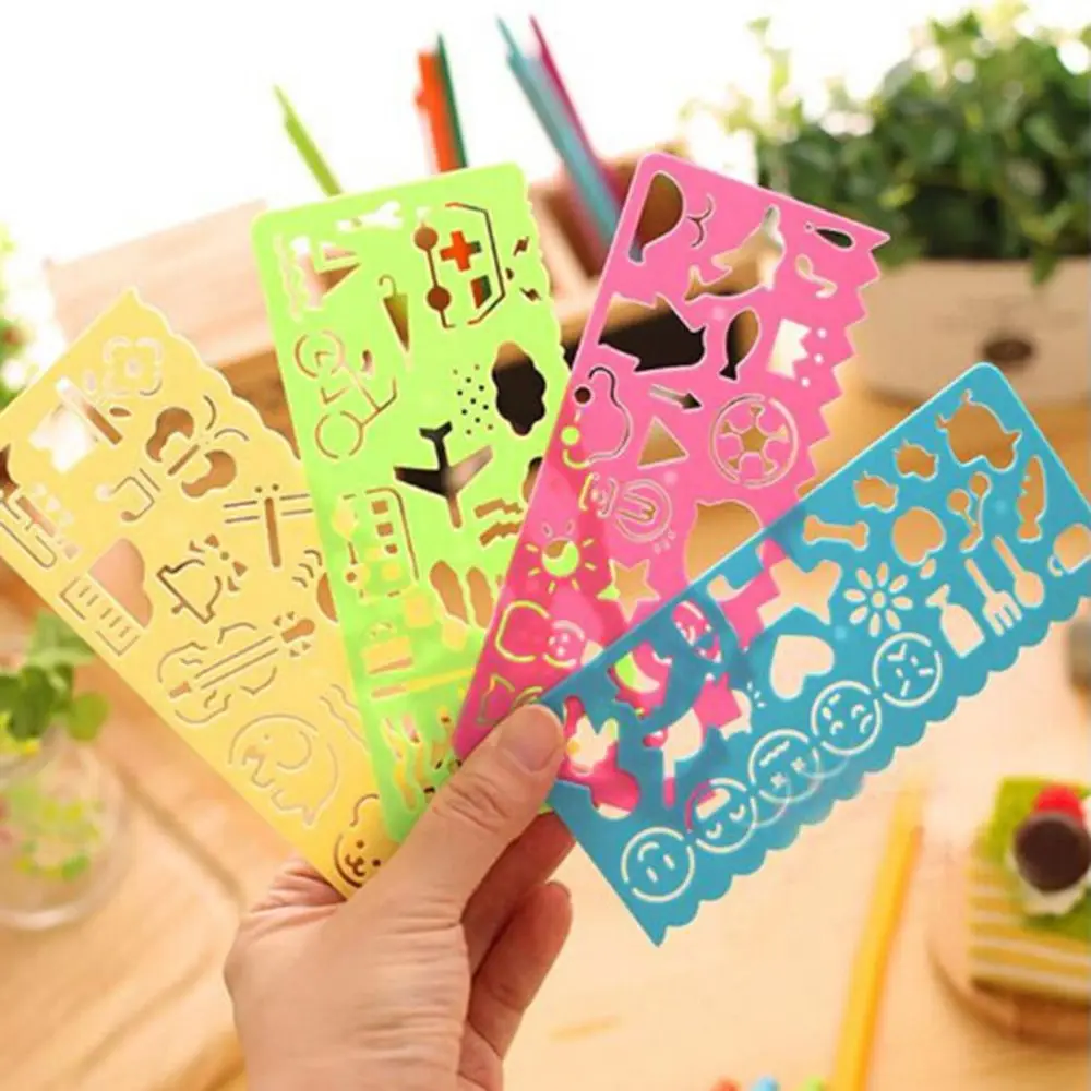 

4PCS/Set Cute Art Graphics Symbols Drawing Template Stationery Candy Color Ruler Student Kids Drafting Stencil Ruler Stationery