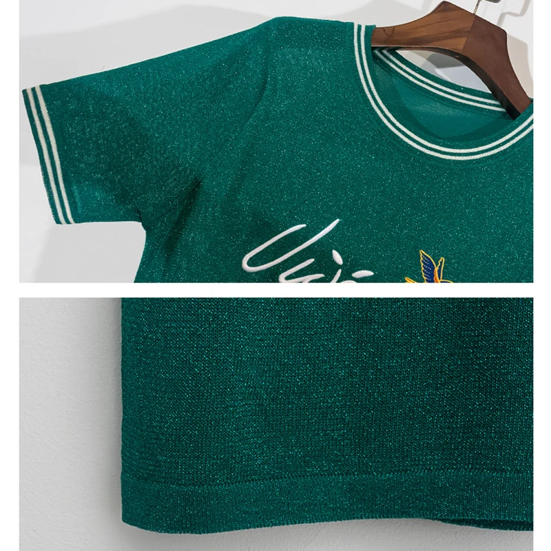 

2019 Summer women's Thin Sweater Bright fabric Short-sleeved knit Top fine Embroidery craft Summer pullover Thin Sweater women