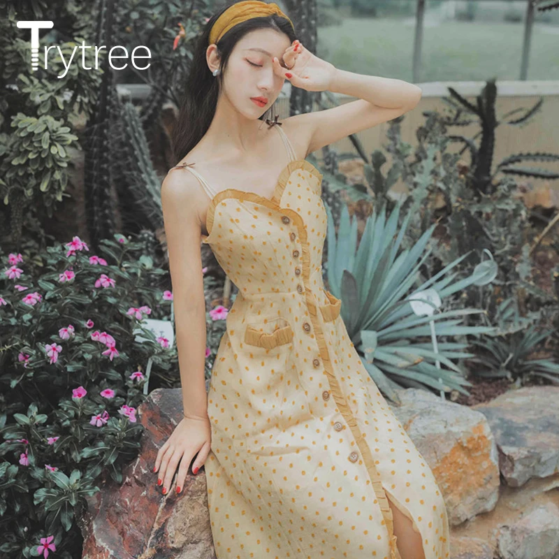 Trytree летнее женское платье повседневное в горошек с оборками женская рубашка без
