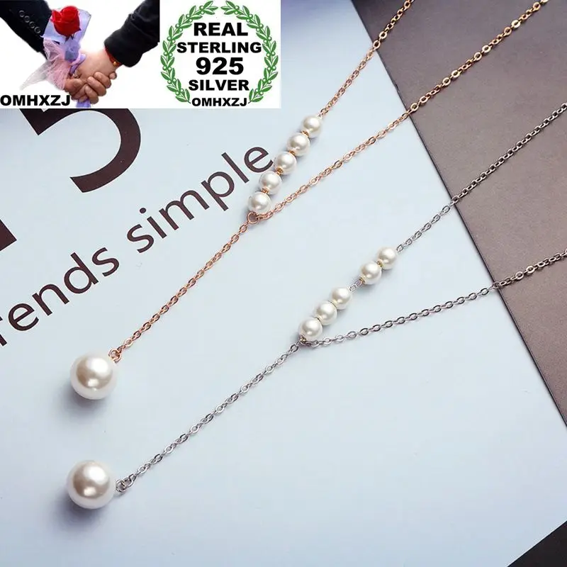 

OMHXZJ Wholesale Personality Fashion Woman Girl Party Gift Pearls Long Tassel S925 Sterling Silver 18KT Rose Gold Necklace NC37