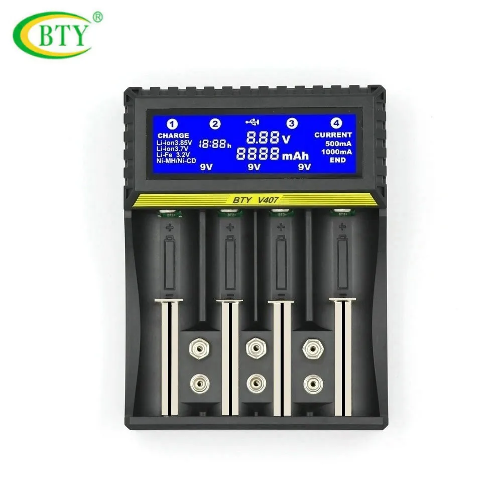 BTY V407 зарядное устройство Li Ion fe Ni MH CD умное быстрое для 18650 26650 6F22 9V AA AAA 16340