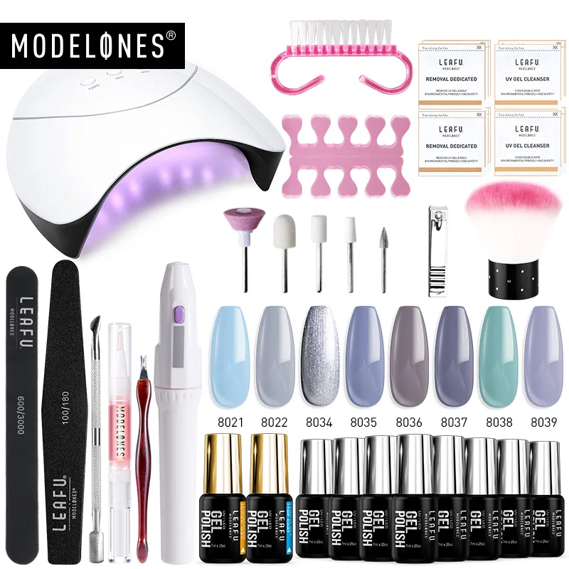 8pcs with nail drill Modelones 36 Вт Светодиодная лампа для Гель-лак для нейл-арта набор смарт-Сенсор УФ лампа каких-либо 4/6/8/10/ 14 цветов! полупостоянная гель электрическая дрель комплект - Цвет: 8pcs with nail drill