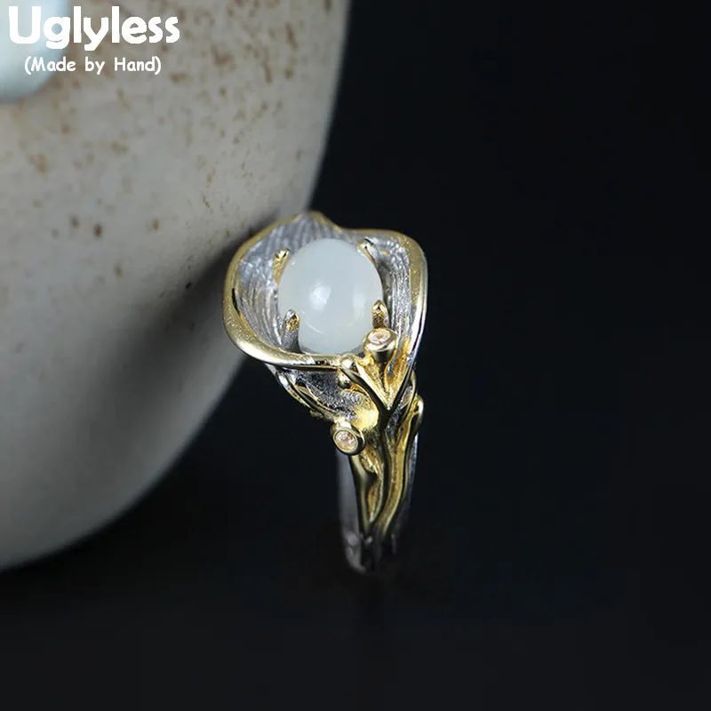 

Uglyless 100% Real 925 Sterling Silver 3D Leaf Finger Rings for Women Exaggerated Wild Open Rings Moonstone Fine Jewelry Vintage