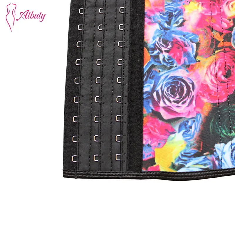 Atbuty Steel Bone Waist Trainer Rose Printing Corsets Latex Slimming Belly Girdles Hooks Body Shaper Postpartum Sheath Women